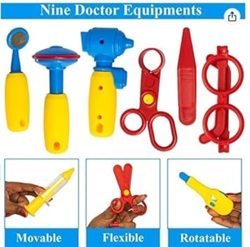 Toy suitcase doctor kit with medical accessories including stethoscope, syringe, and bandages for kids' pretend play.