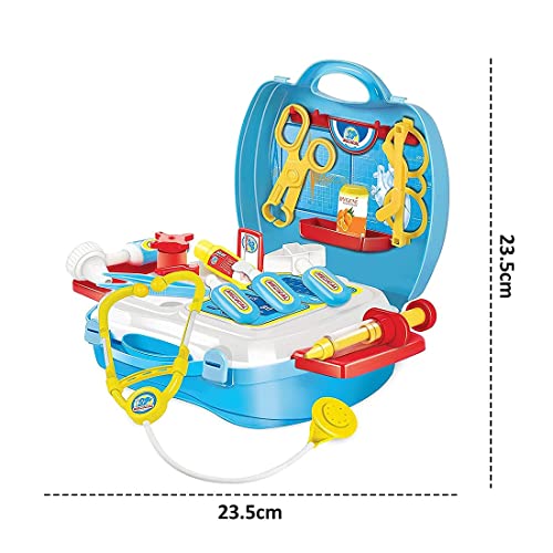 Toy suitcase doctor kit with medical accessories, including stethoscope, syringe, and bandages, for imaginative play.