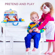 Children's toy doctor kit with medical accessories including stethoscope, syringe, and bandages in a colorful suitcase.