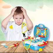 Children's toy doctor kit with medical accessories including stethoscope, syringe, and bandages in a colorful suitcase.