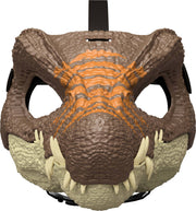Kids Jurassic World Spinosaurus face helmet featuring detailed dinosaur design for children’s costume or dress-up.