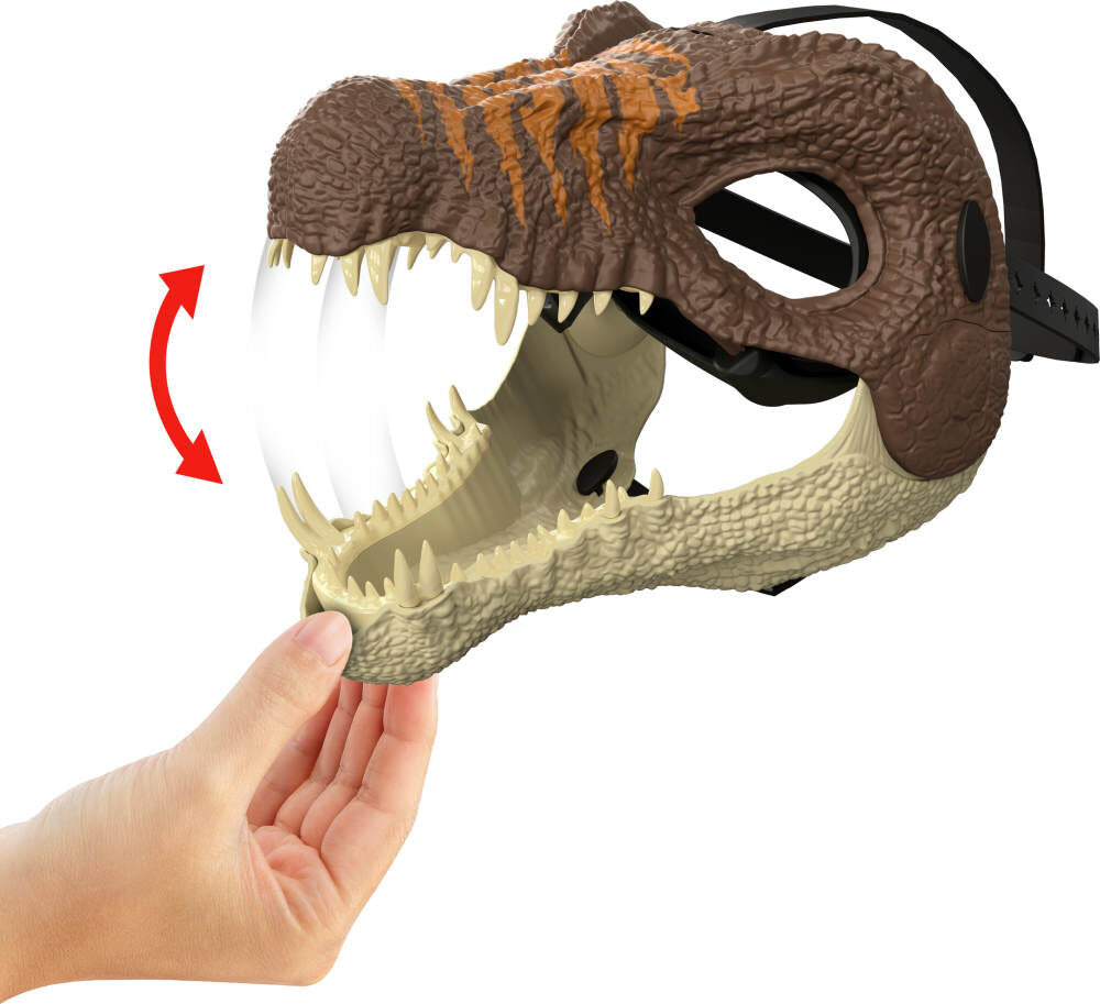Kids wearing Jurassic World Spinosaurus face helmet featuring detailed dinosaur design, perfect for imaginative play.