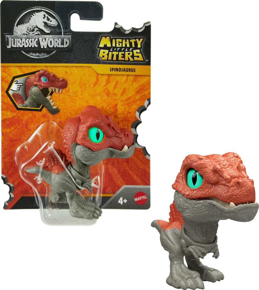 Jurassic World Mighty Biters Spinosaurus toy figure with detailed design and realistic features, suitable for collection or play.