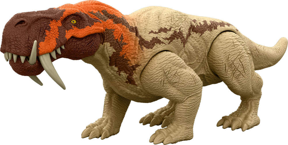 Jurassic World Rebirth Strike Attack Inostrancevia dinosaur figure on a display stand, detailed green and brown scales, realistic features.