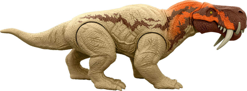 Jurassic World Rebirth Strike Attack Inostrancevia dinosaur figure on a display stand with detailed textures and vibrant colors.