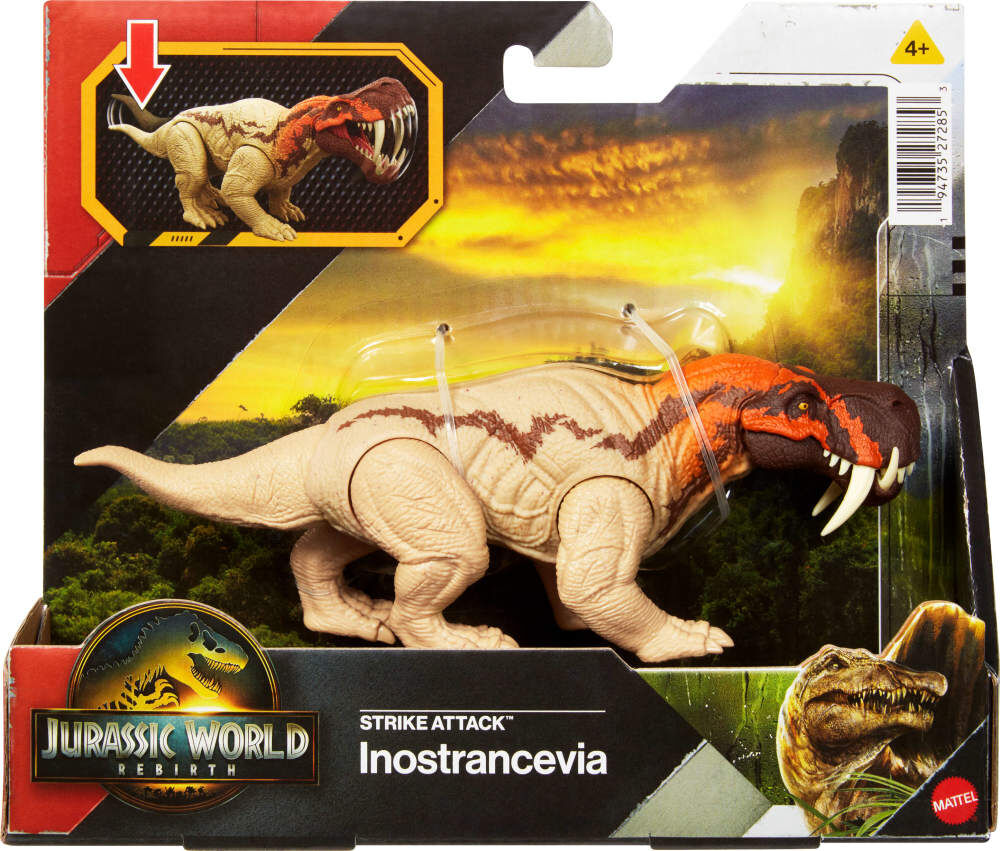 Jurassic World Rebirth Strike Attack dinosaur figure with detailed sculpt and vibrant colors, posed on a display base.