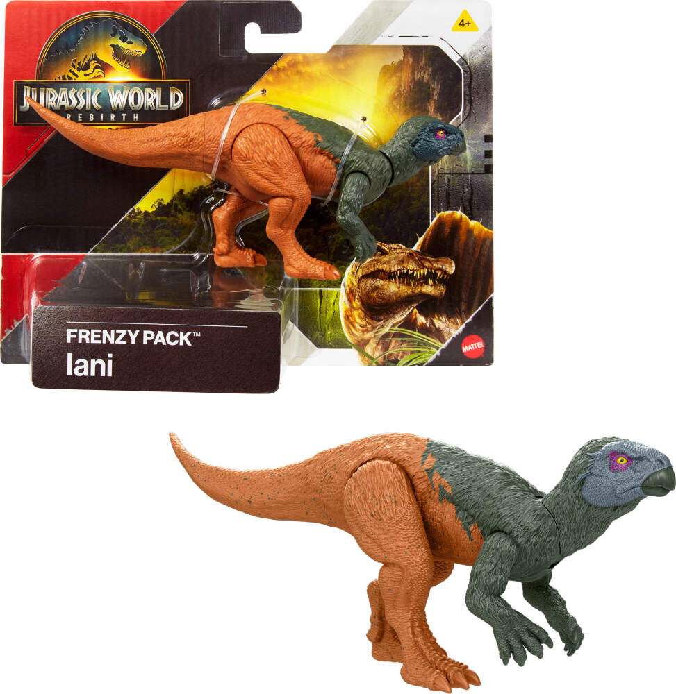 Jurassic World Rebirth Frenzy Pack Lani action figure with detailed dinosaur accessories and packaging.