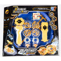 Kids playing with a Beyblade battle toy, featuring spinning tops and launchers in a colorful toy battle set.