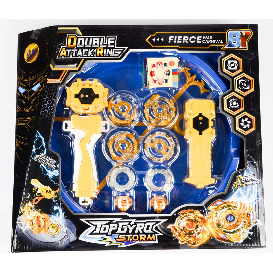 Kids playing with a Beyblade battle toy, featuring spinning tops and launchers in a colorful toy battle set.