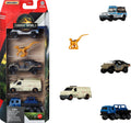 Jurassic World Matchbox mini vehicle set featuring detailed miniature dinosaur-themed cars and vehicles on a white background.