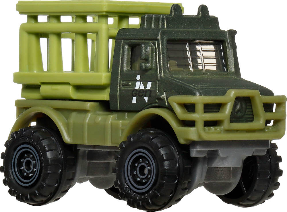Jurassic World Matchbox mini vehicle set featuring detailed dinosaur-themed toy cars on a white background.