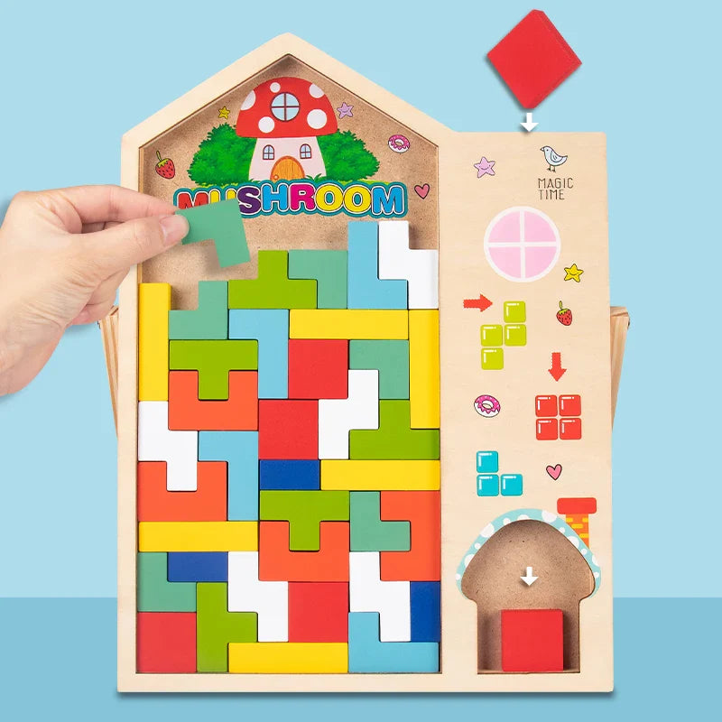 Colorful wooden Tetris puzzle toy with square pieces, designed for fun and cognitive development in children.