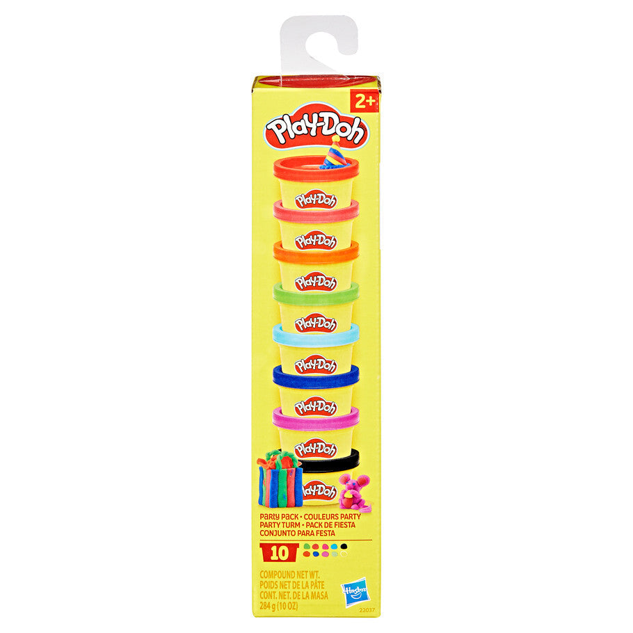 Set of ten Play-Doh mini cans in vibrant colors, toy modeling clay by Hasbro, shown in colorful packaging.