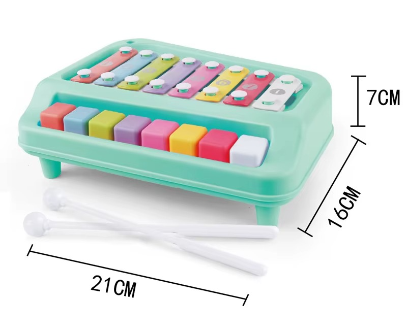 Mini music piano toy with eight keys designed for babies, featuring colorful buttons and playful knock organ sounds.