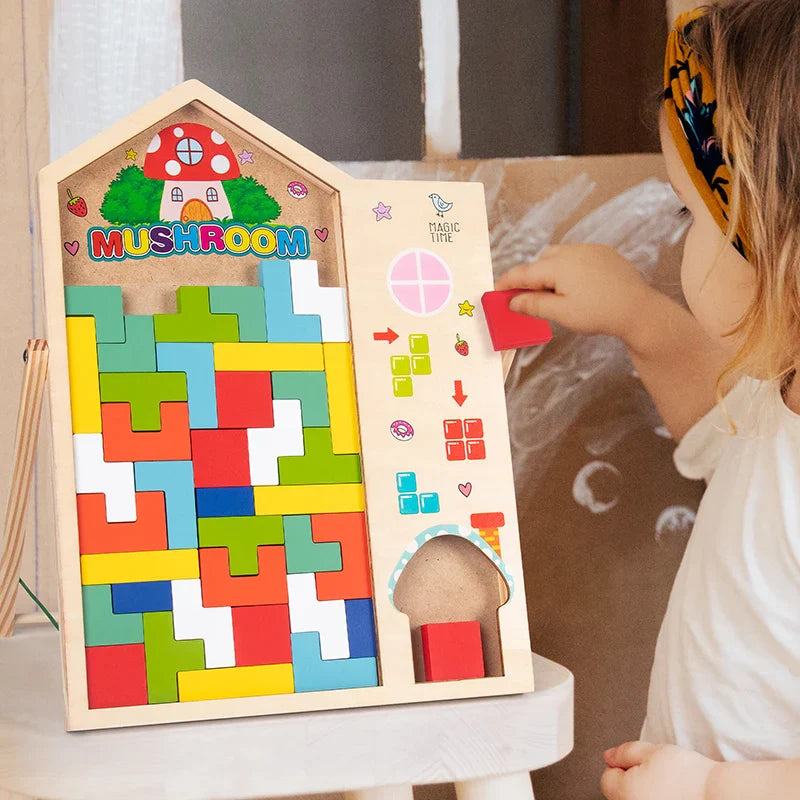 Colorful Tetris wooden puzzle toy with interlocking square pieces for kids' educational and fun play.