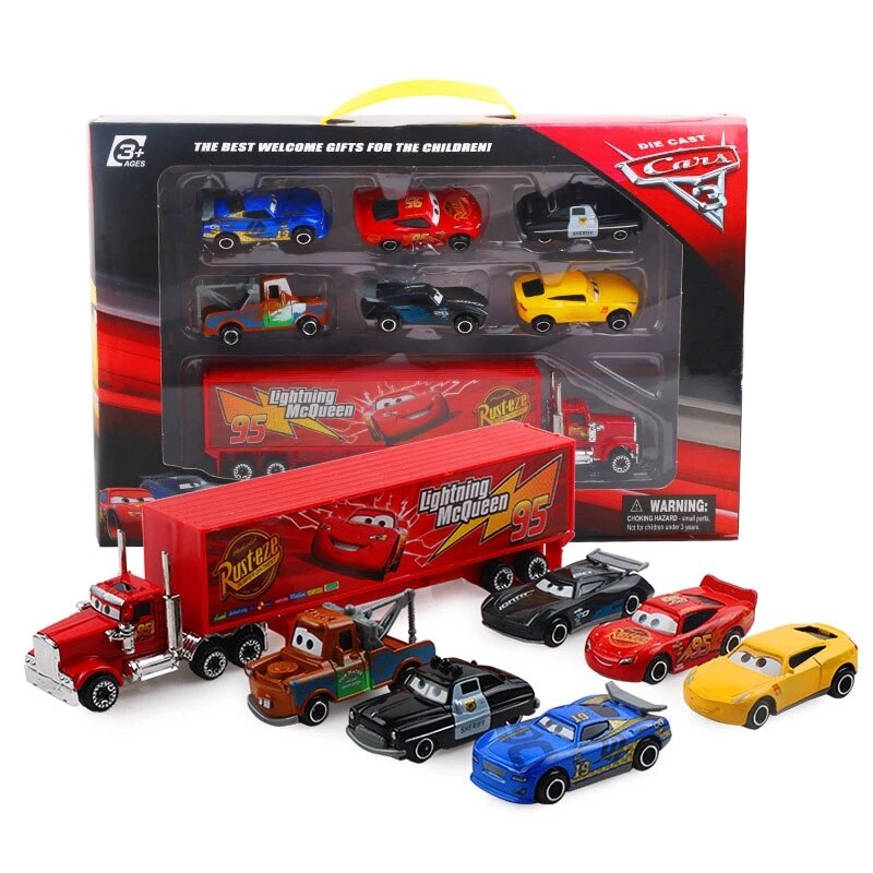 Seven-piece Disney Pixar Cars 3 toy set featuring colorful plastic race cars and characters from the animated film.