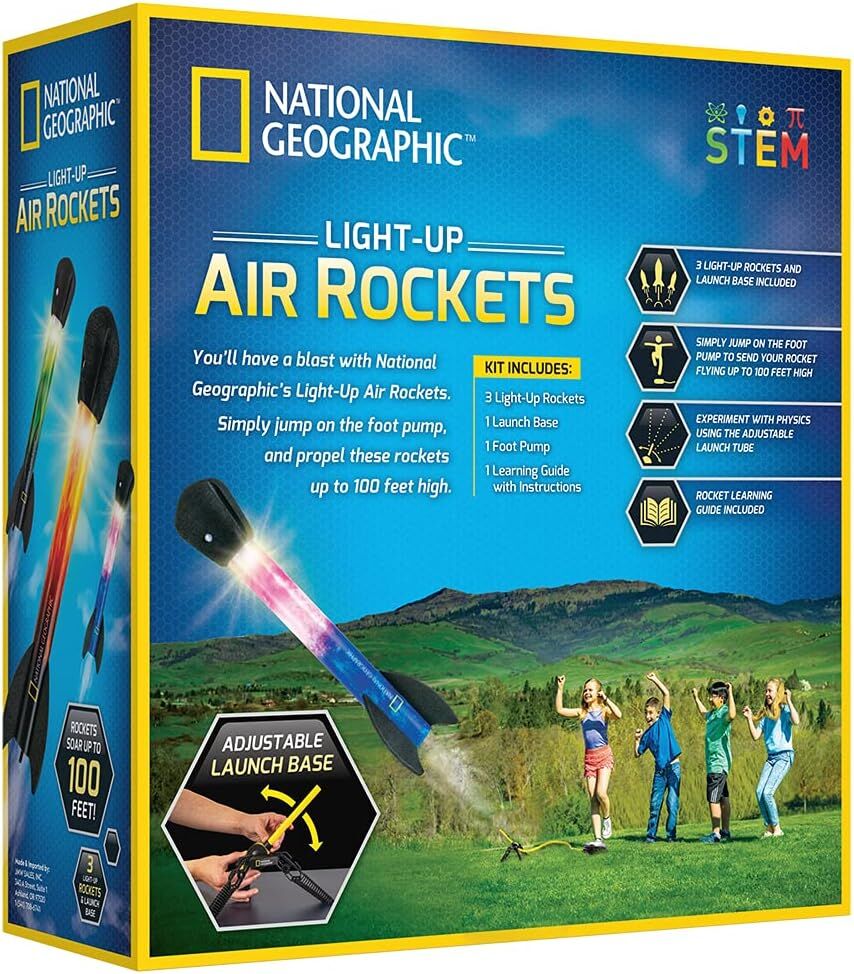 Playzokids National Geographic light-up air rockets in vibrant colors ready for launch against a blue sky.