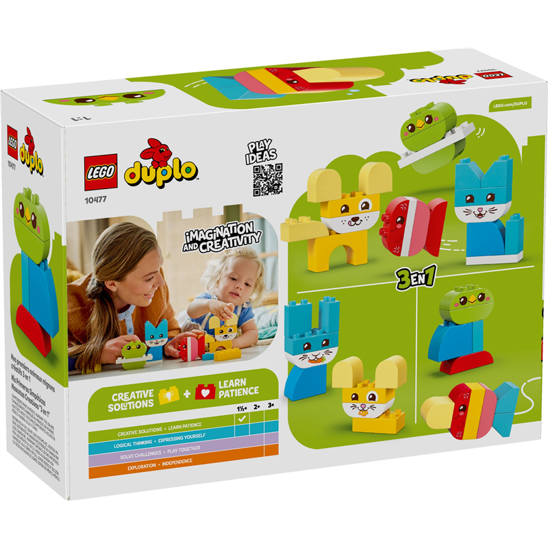 LEGO 10477 3-in-1 Creative Cute Pets set featuring colorful LEGO DUPLO animal figures and building components for kids.