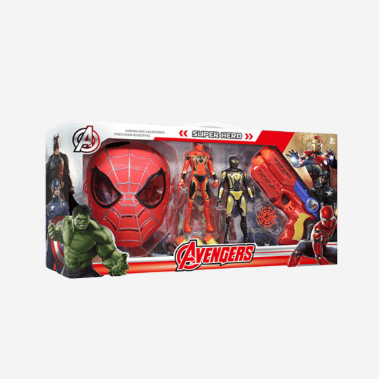 Playzo Avengers Spider-Man mask and shooting gun toy set, featuring a detailed Spider-Man mask and accessory gun for kids