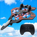 Remote-controlled fighter jet toy with LED lights, capable of flips, made of foam, operated via 2.4GHz remote control.
