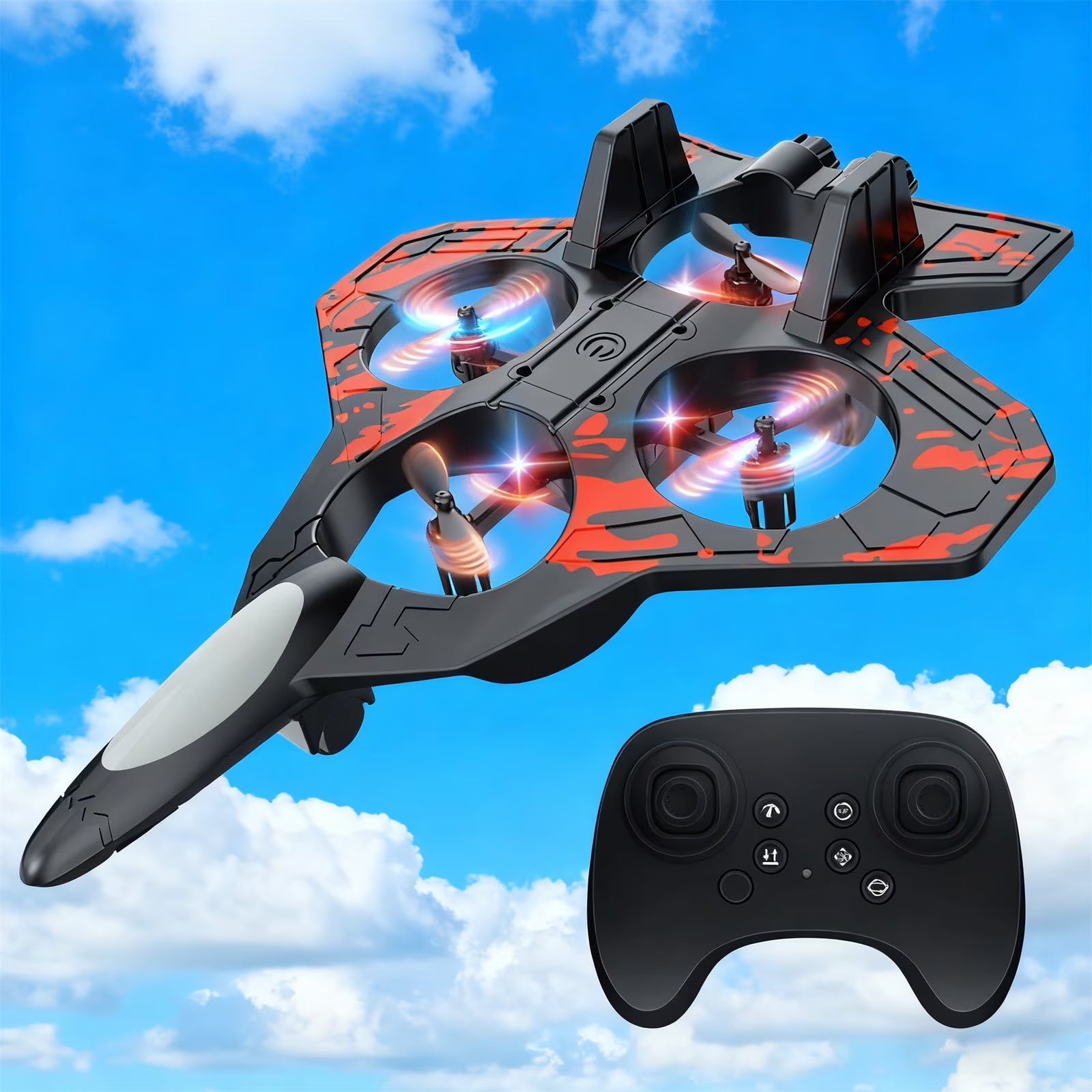 Remote-controlled fighter jet toy with LED lights, capable of flips, made of foam, operated via 2.4GHz remote control.