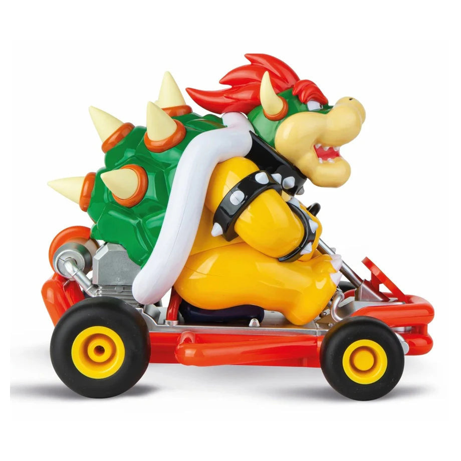 Carrera remote control Mario Kart Pipe Kart featuring Bowser, colorful toy car with detailed design for racing fun.