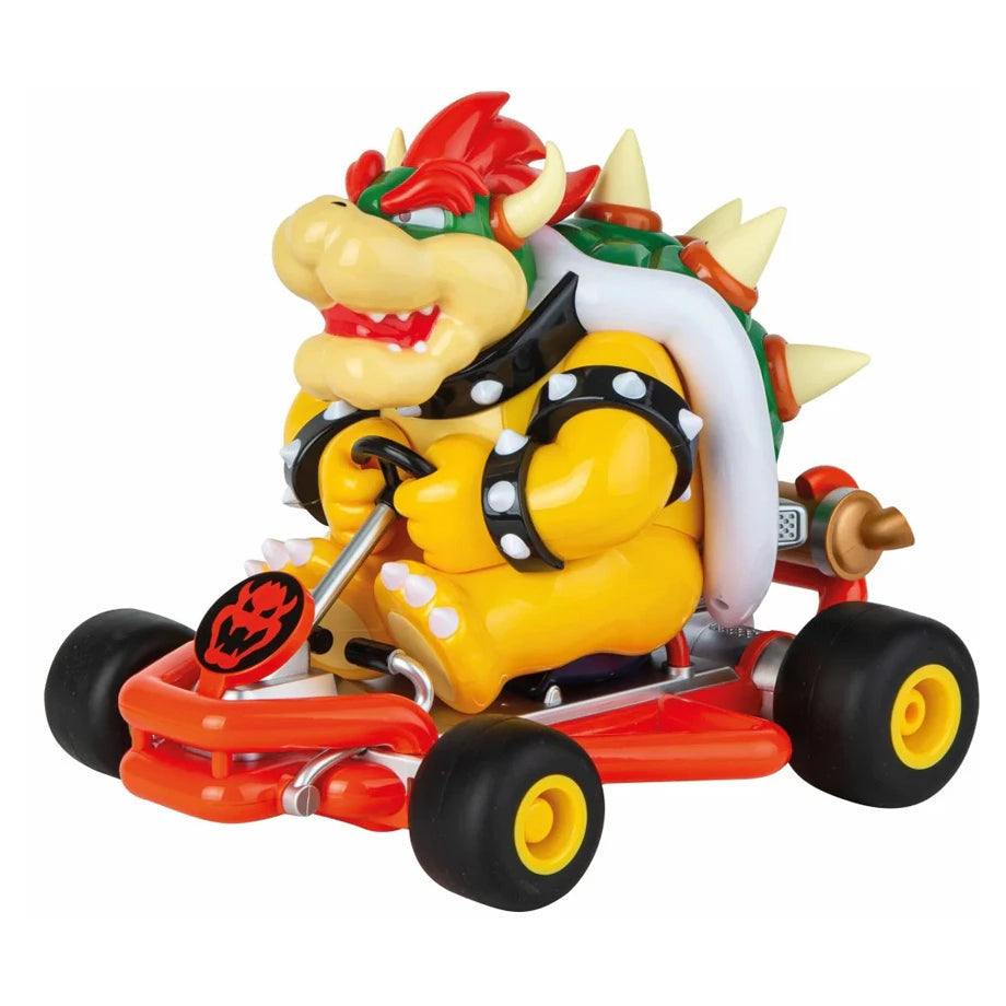 Carrera remote control Mario Kart Pipe Kart featuring Bowser, colorful toy car with detailed Bowser figure, perfect for racing fun.
