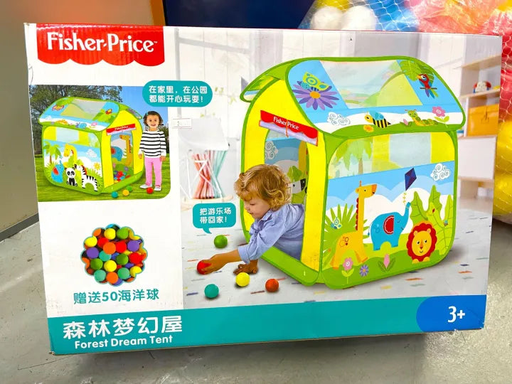 Fisher-Price Dream House Play Tent set up with colorful fabric walls and a door, ideal for children's indoor play and imaginative fun.