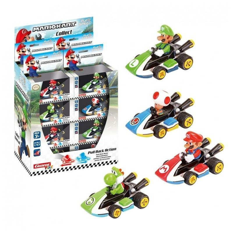 Carrera Super Mario Kart pull and speed toy vehicle featuring Mario in a colorful racing kart for children.