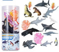 Set of 12 realistic sea animal toys including shark, dolphin, whale, and more, designed for kids and sea life enthusiasts.