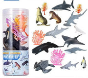 Colorful sea animal toys from the Animal World set, including various marine creatures in a bucket, made by Generic.