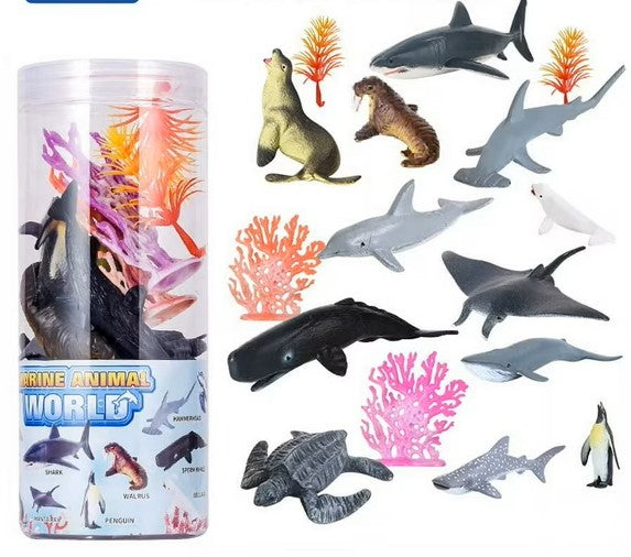 Set of 12 realistic sea animal toys including shark, dolphin, whale, and more, designed for kids and sea life enthusiasts.