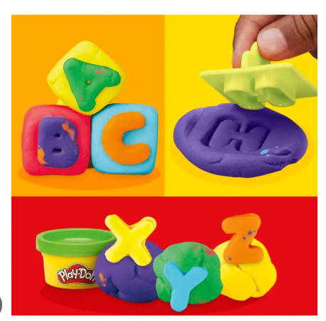 Hasbro Play-Doh Fundamentals ABC Tool Set with six colorful, non-toxic Play-Doh cans and ABC tools for creative learning.