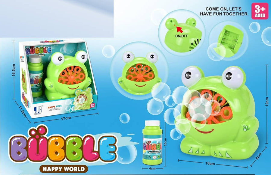Colorful Fun Frog Bubble Machine toy with blinking lights and bubble output, ideal for kids' outdoor play and entertainment.