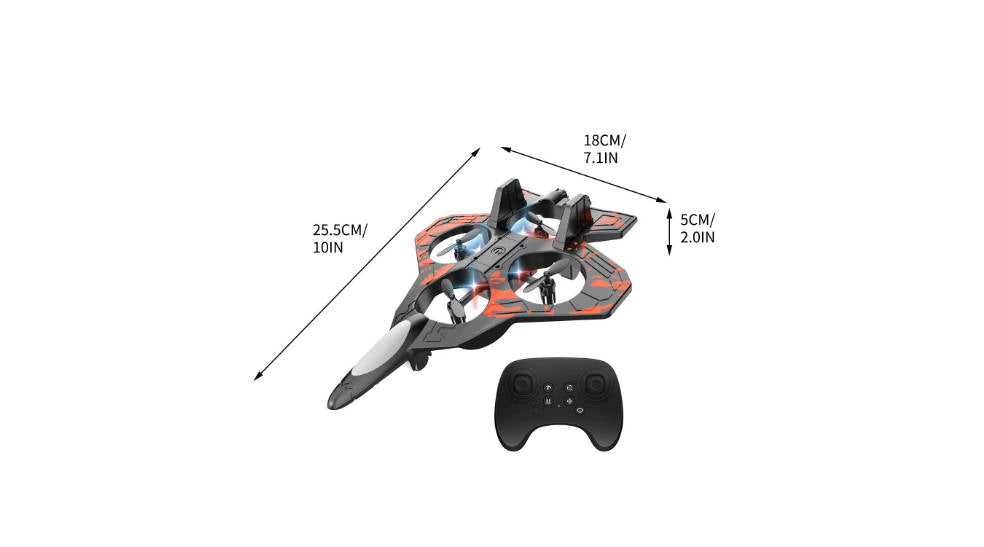 Remote controlled fighter toy airplane with 2.4GHz quadcopter design, featuring sleek fighter jet details and colorful accents.