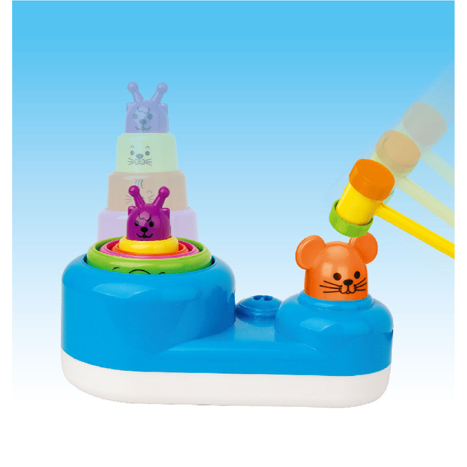 Colorful Tanny Toys Playtime Pounding Stacker for kids, featuring stacking rings and a pounding hammer in a bright, playful design.