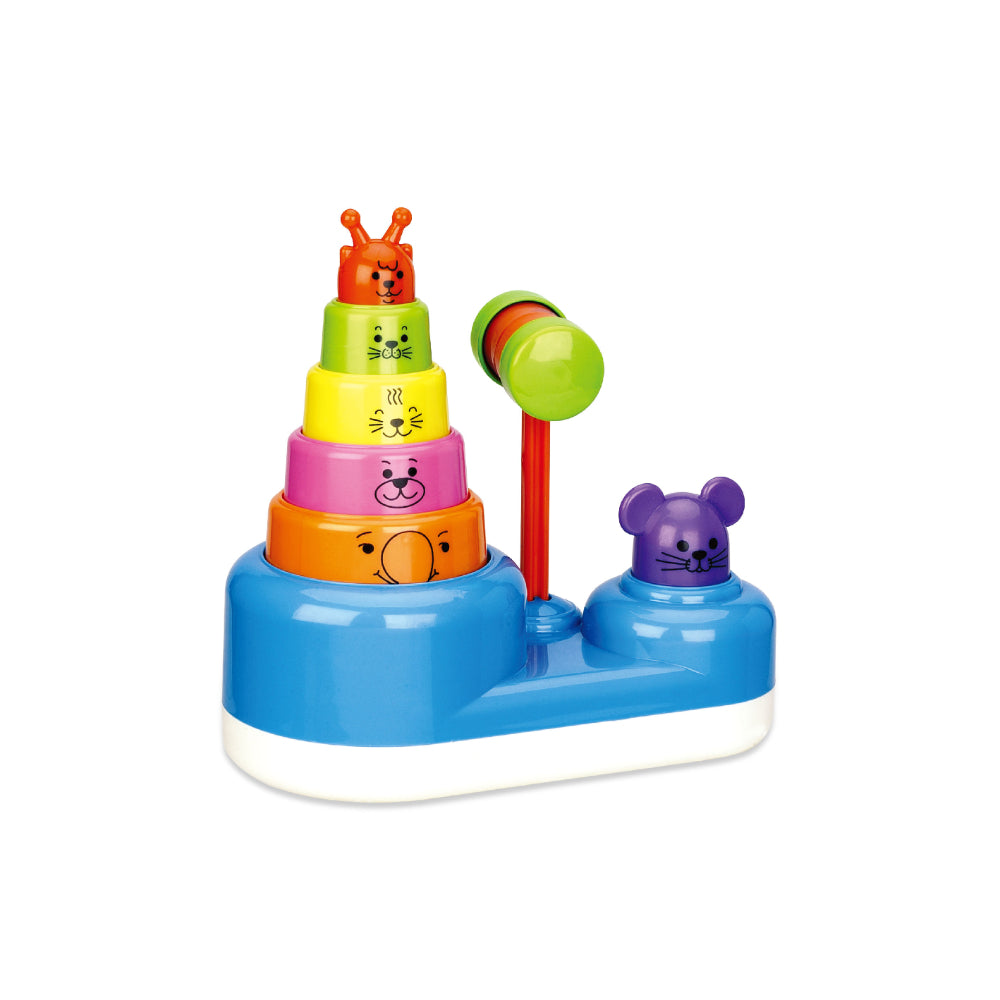 Colorful Tanny Toys Playtime Pounding Stacker for kids, featuring stacking blocks and a pounding hammer for interactive play.