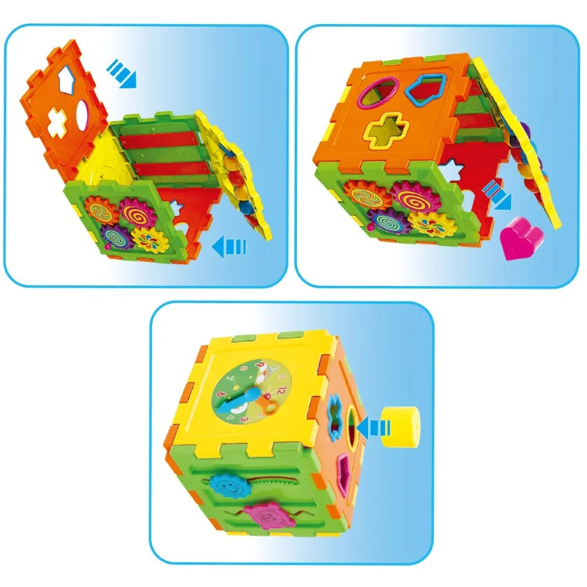 Colorful Tanny Toys shape sorting cube for kids, featuring various geometric shapes and bright colors for educational play.