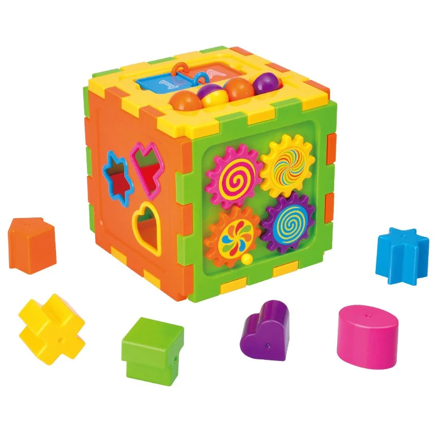 Colorful Tanny Toys Shape Sorting Cube by Tanny Kids featuring various shaped blocks for early childhood learning and play.