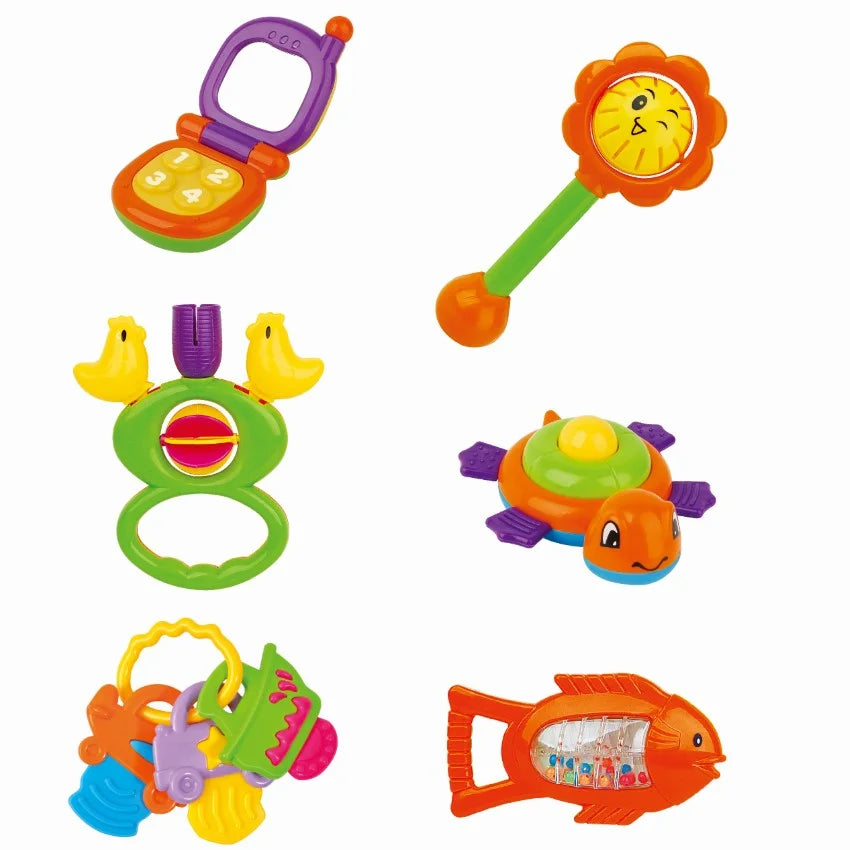 Colorful Tanny Toys Baby Rattle set with six different rattles, designed for infants and early development.
