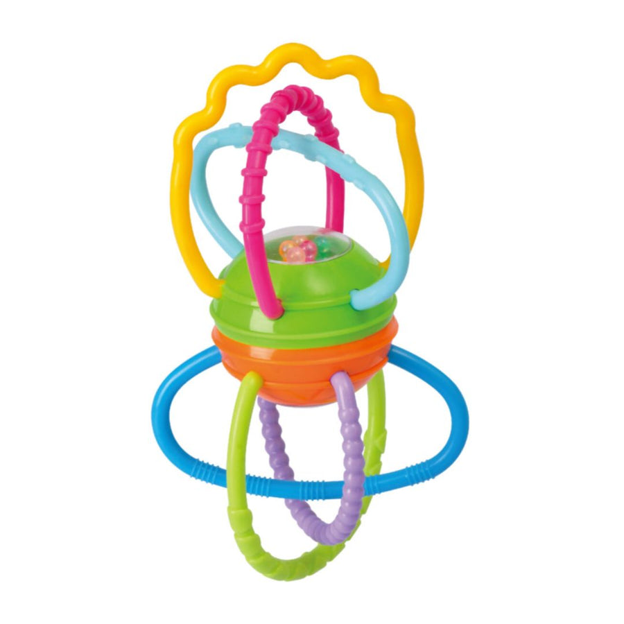 Colorful Tanny Kids Tanny Kids Twist Rattle with soft plastic handle and textured surface for baby’s sensory development.