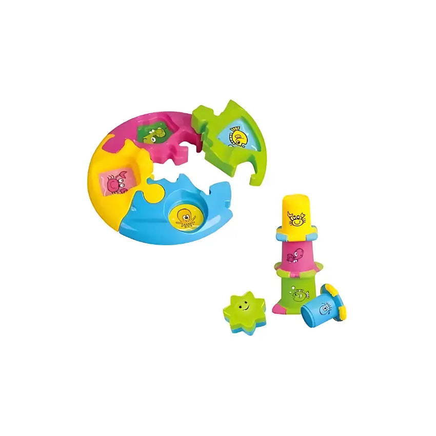 Colorful Tanny Toys Puzzle Playset for kids, featuring various animal and shape puzzles arranged on a bright play mat.