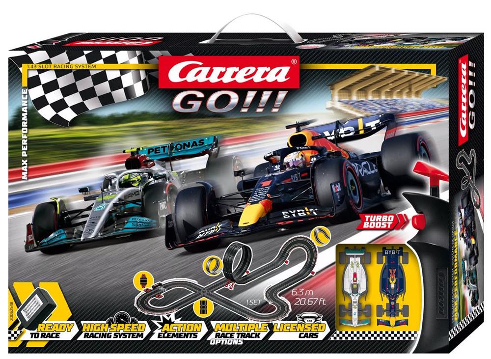 Carrera Go! MAX Performance slot car racing set with track, cars, and accessories for high-speed toy racing fun.