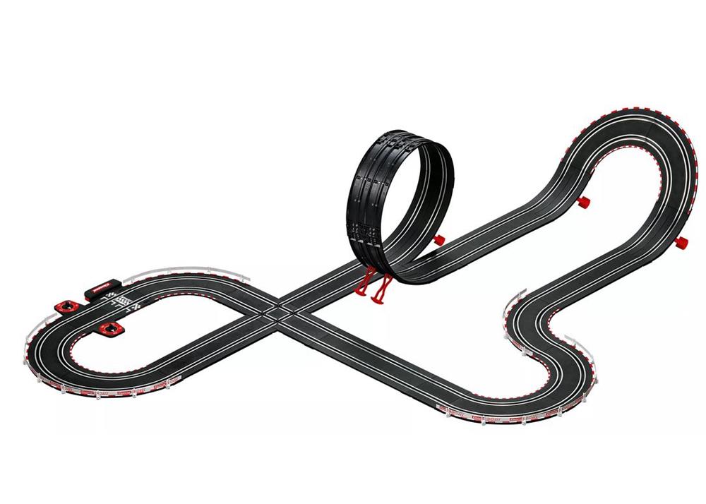 Carrera go! MAX PERFORMANCE slot car race set showing sleek cars and track layout for high-speed racing fun.