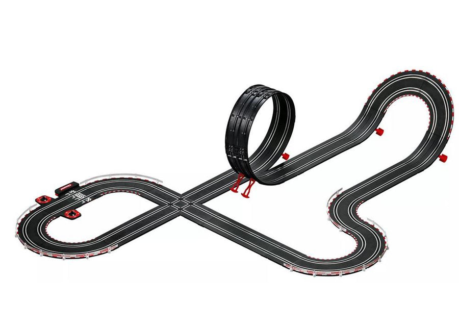 Carrera go! MAX PERFORMANCE slot car race set showing sleek cars and track layout for high-speed racing fun.