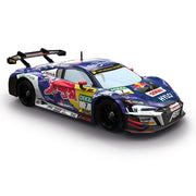 Carrera Red Bull Audi R8 LMS GT3 EVO II remote control toy car on a track, featuring detailed design and vibrant Red Bull and Audi logos.