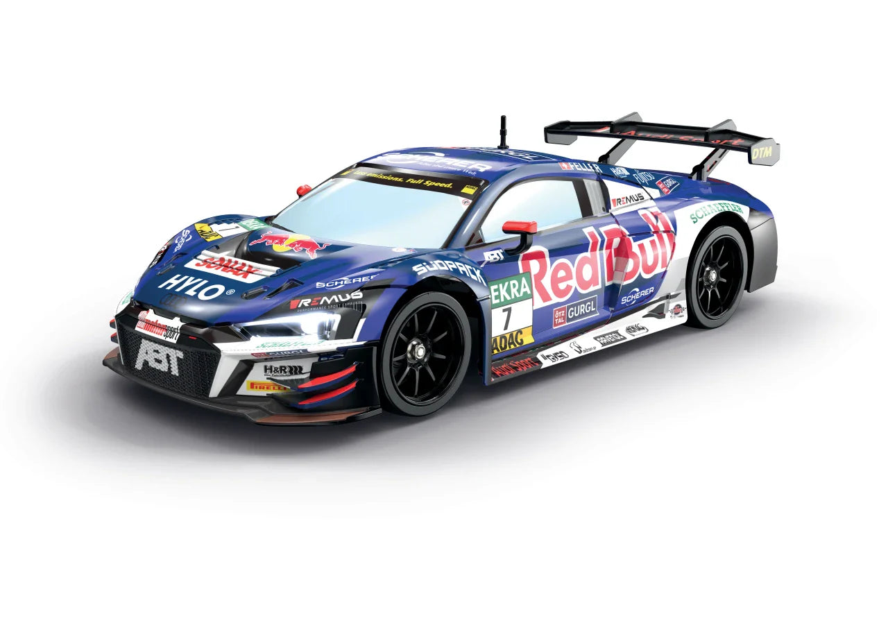 Carrera Red Bull Audi R8 LMS GT3 EVO II remote control toy car on a track, featuring detailed design and vibrant Red Bull and Audi logos.