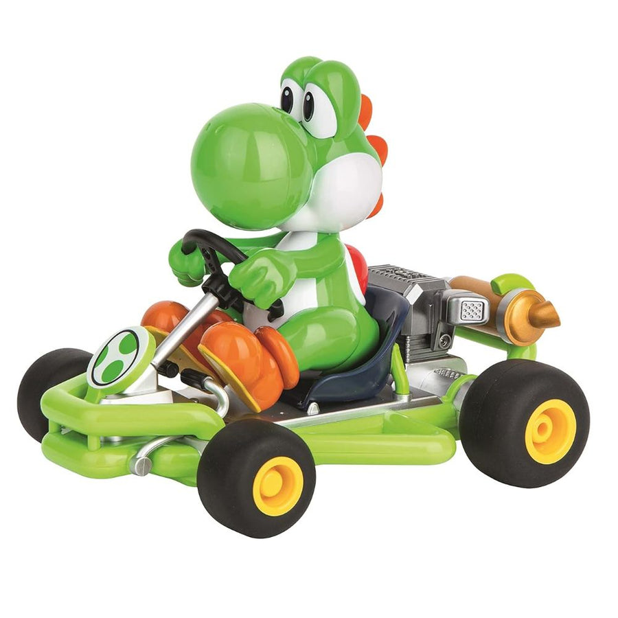 Carrera RC Mario Kart Pipe Yoshi toy car with remote control, featuring Yoshi character and colorful Mario Kart design.