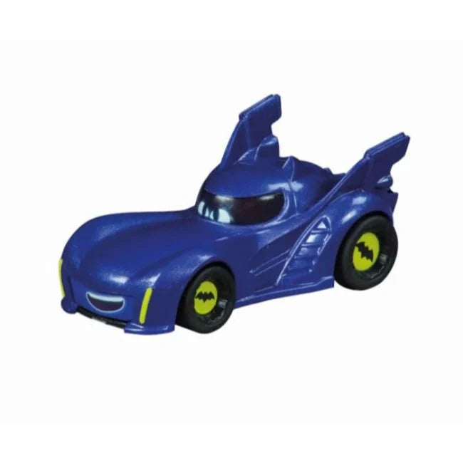 Carrera Pull and Speed DC Batwheels Bam and Red Twin Pack toy cars, featuring colorful superhero-themed race cars for kids.