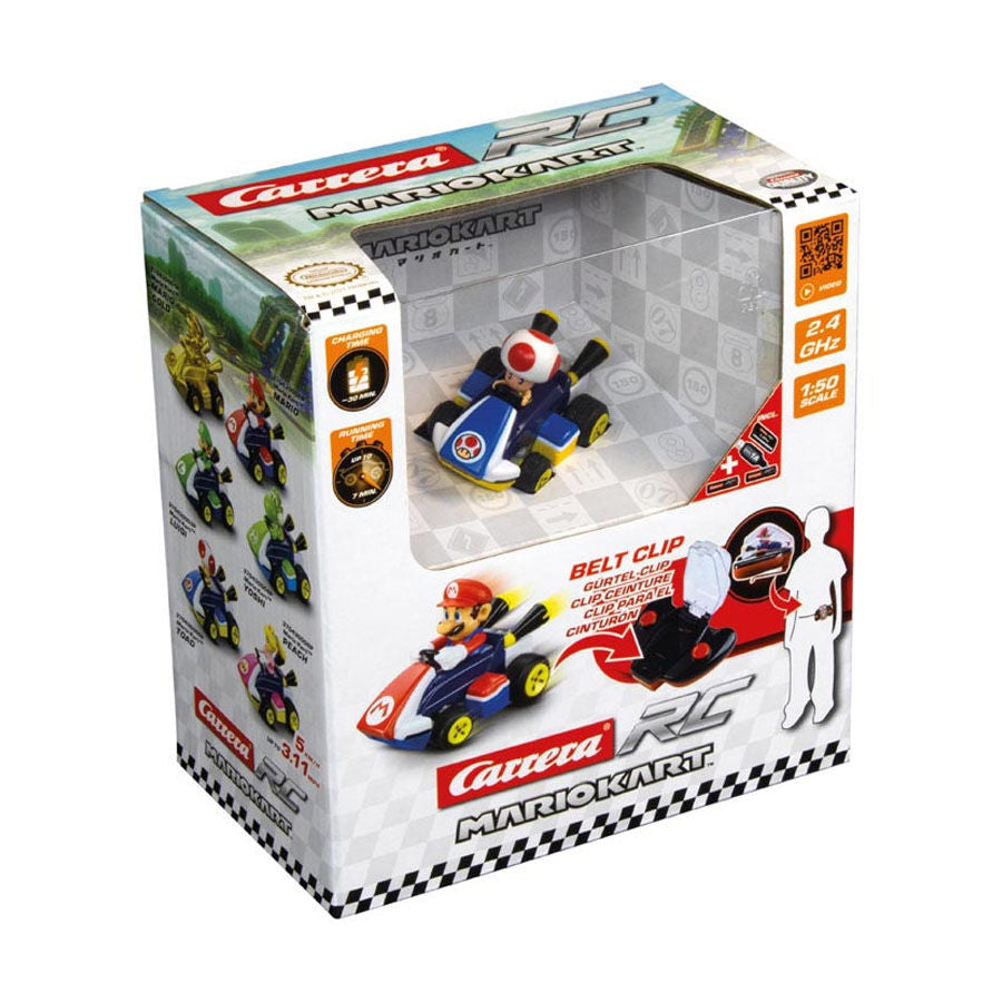 Carrera Mario Kart Mini RC Toad toy car with detailed Toad figure, remote control, and colorful race car design.